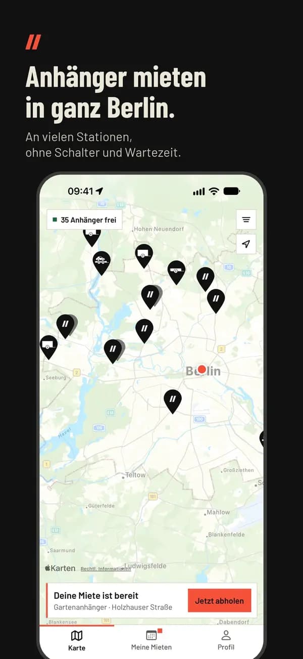 App-Ansicht: Karte mit freien Anhängern in Berlin