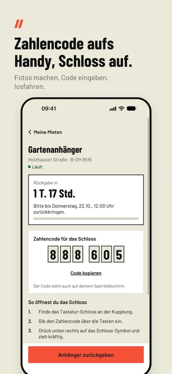 App-Ansicht: laufende Miete mit Zahlencode fürs Schloss