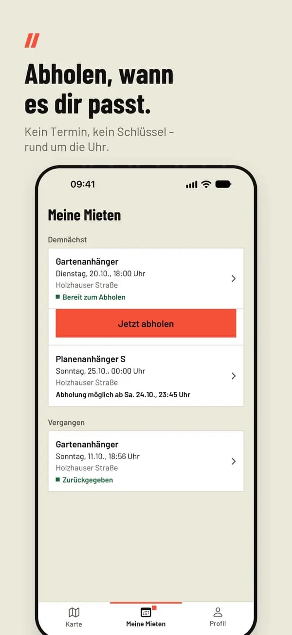 App-Ansicht: Meine Mieten mit Abholen-Button