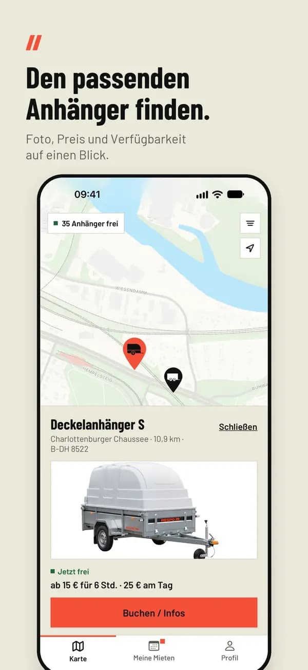 App-Ansicht: Anhänger mit Preis und Verfügbarkeit
